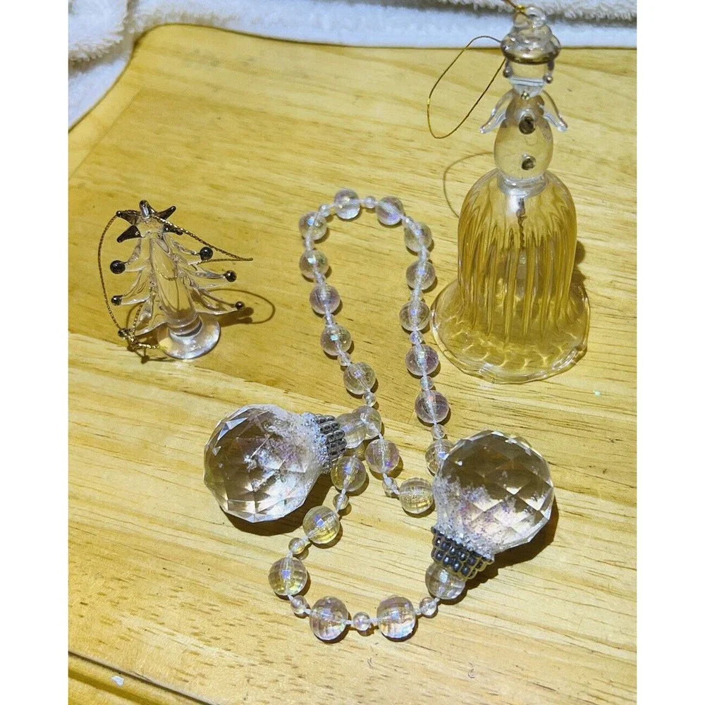 Bundle of 3 Clear Glass Ornaments Christmas Tree-VTG Snowman Bell-Beads‎ Ball
